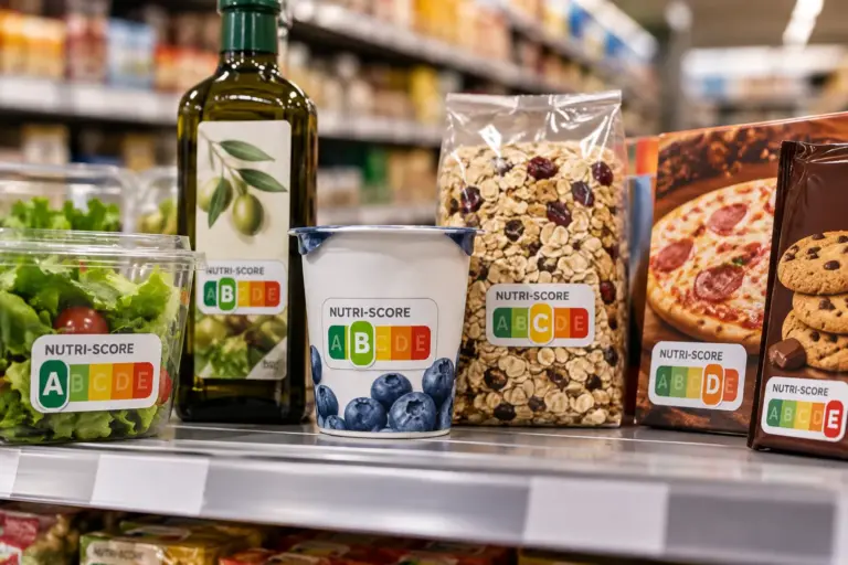 Lebensmittel mit unterschiedlichen Nutri-Score-Bewertungen von A bis E im Supermarkt